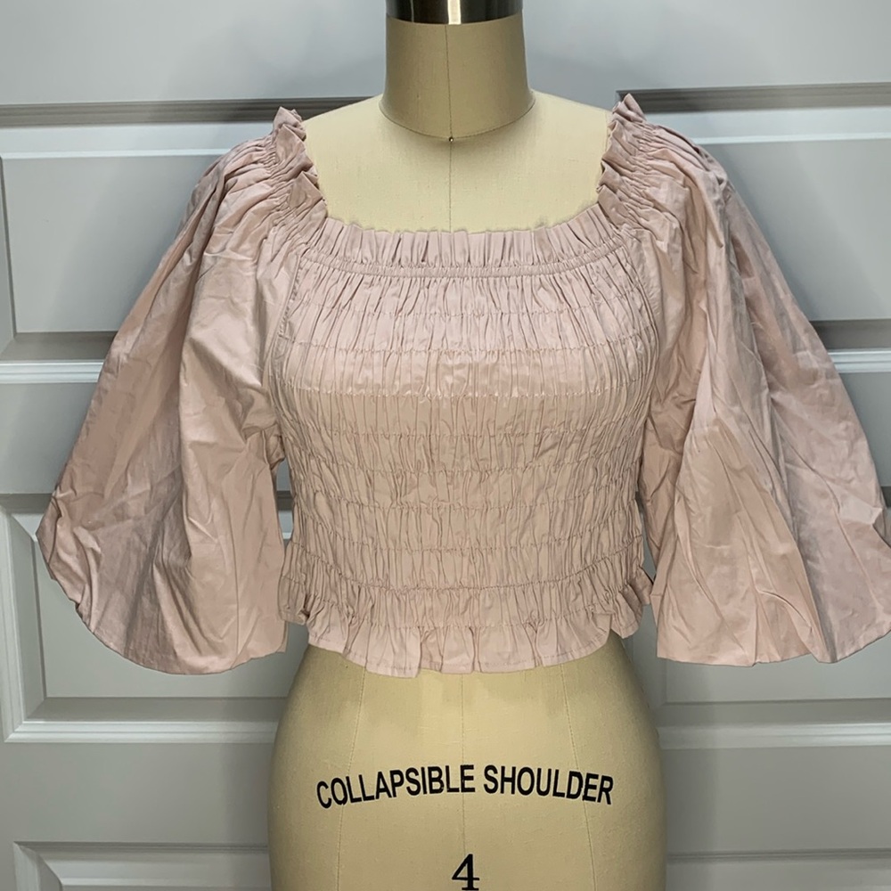 NWT  ruched cropped top with bell sleeves and ruffles at hem and neckline